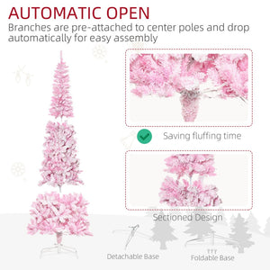 English Elm Homcom Snow Flocked Pink Pencil Christmas Tree Warm Led Lights Slim Festive Decor W2225P229399