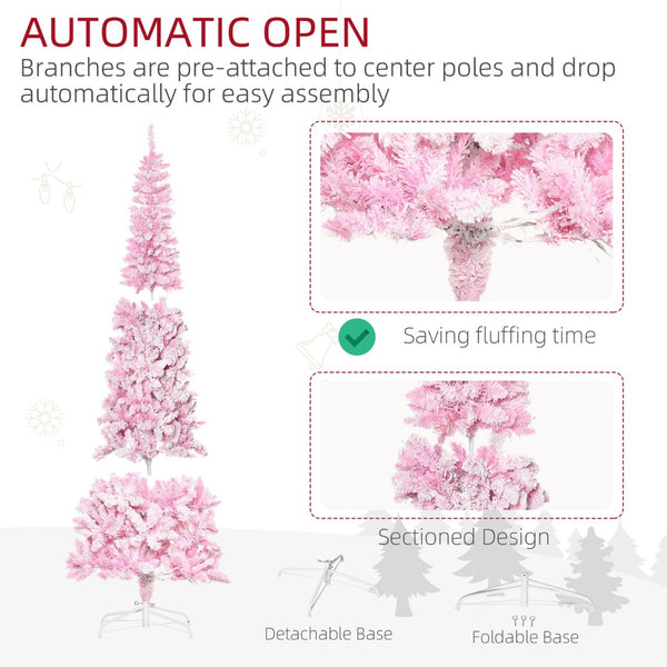 English Elm Homcom Snow Flocked Pink Pencil Christmas Tree Warm Led Lights Slim Festive Decor W2225P229399