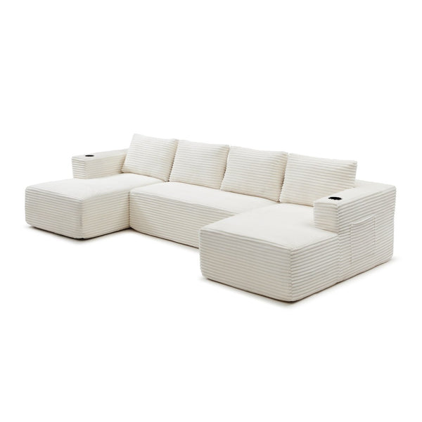 English Elm 132" Modular U Shaped Sectional Sofa with Corduroy Upholstery and Built in Cupholders W1117S00341