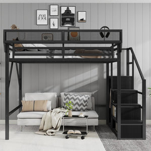English Elm Queen Metal Loft Bed with Staircase Wardrobe and Shelves for Teens Adults W2580S00090