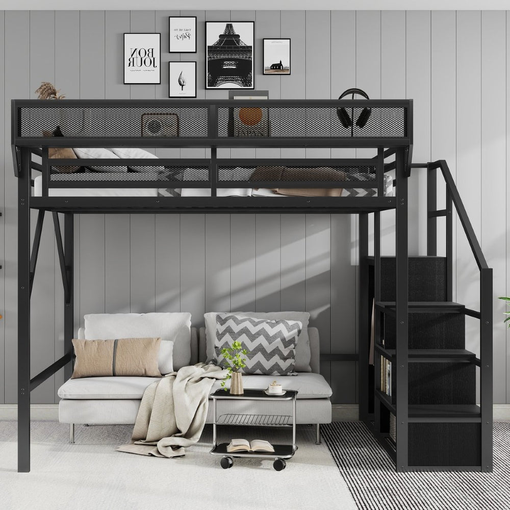 English Elm Full Size Metal Loft Bed with Stair Storage and Built-in Wardrobe for Kids W2580S00058