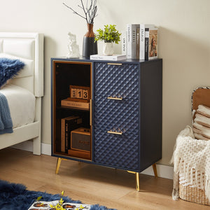 English Elm Deluxe Modern Carved Chest of Drawers with Tempered Glass Doors, 3 Drawers + 2 Compartments, Sleek Metal Legs Dark Blue W1162P295365