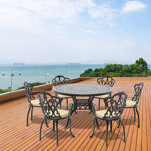 English Elm 7-Piece Elegant Cast Aluminum Patio Furniture Set With Off-White Cushions For Outdoor Dining Spaces W1710S00398