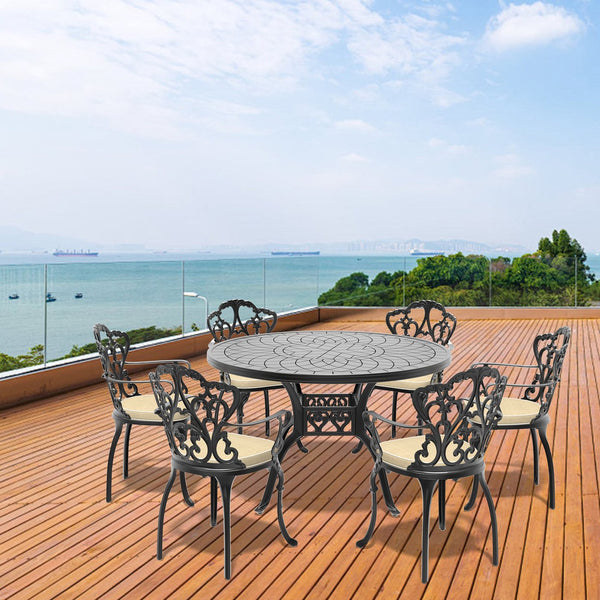 English Elm 7-Piece Elegant Cast Aluminum Patio Furniture Set With Off-White Cushions For Outdoor Dining Spaces W1710S00398