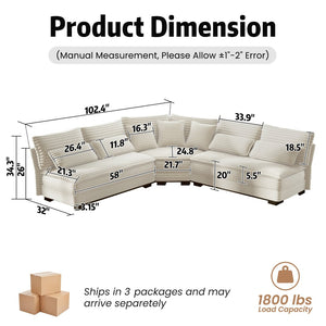 English Elm 5-seater Curved Corner Sectional Sofa Ribbed Corduroy Upholstery with Seven Accent Pillows Beige W2606S00014