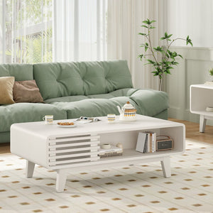 English Elm Coffee Table with Four Open Compartments Solid Wood Legs Mid Century Farmhouse Style White T3623P431250