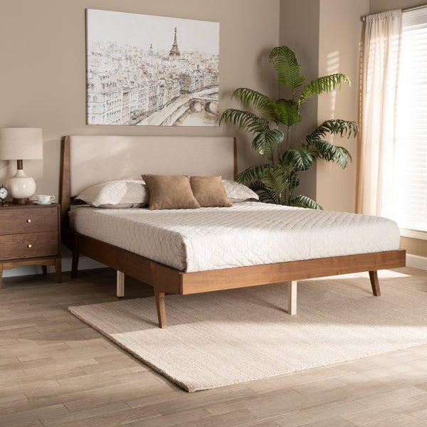 Baxton Studio Baxton Studio Mid-Century Modern Upholstered Platform Bed with Walnut Finish and Stylish Comfort Full MG0008S-Beige/Walnut-Full
