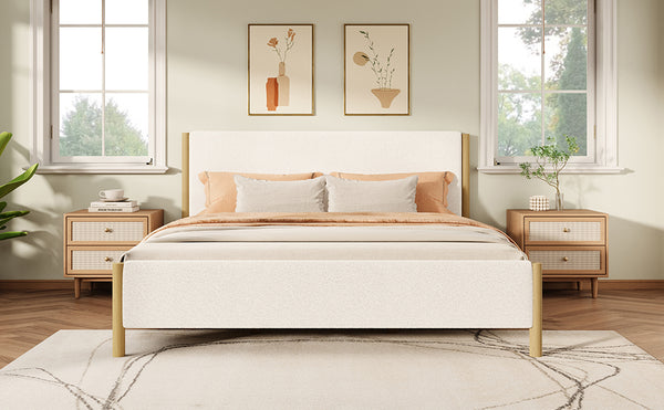 English Elm Christopher Knight Home® - Modern White Boucle Upholstered Bed – Stylish Queen Size With Natural Rubberwood Legs For Comfort N769P266445Q