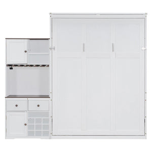 English Elm Queen Murphy Bed with Wine Rack Glass Holder Led Lighting and Cabinet White White LP000391AAK