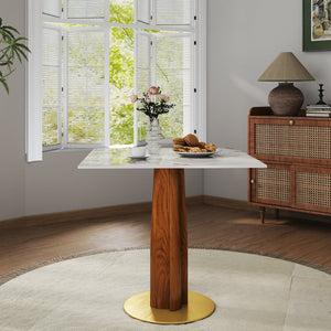 English Elm Modern Square Dining Table: Elegant Sintered Stone With Wooden Legs & Gold Base For Small Spaces W1535S00607