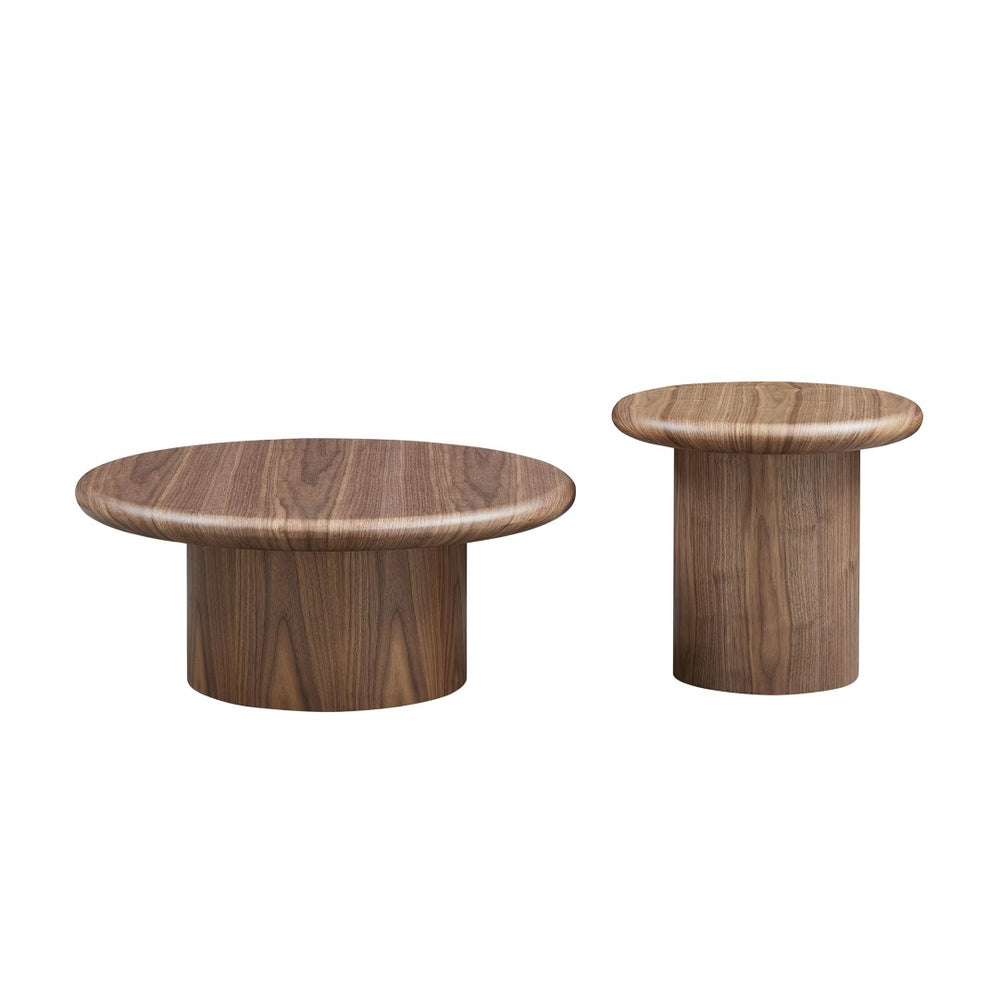 English Elm 2-piece Nesting Round Coffee Table Set Wood Veneer Sculptural Living Room Accent Walnut W2582S00184
