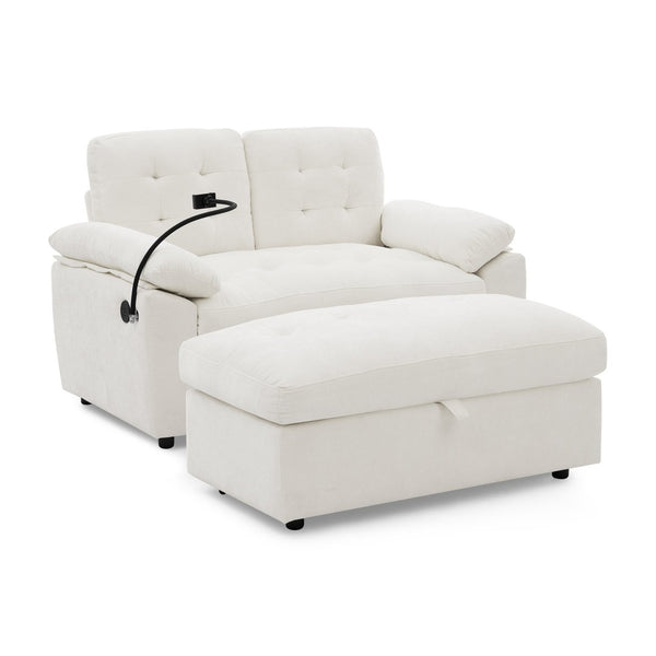 English Elm Leisure Chenille Two Seat Reclining Sofa with Usb Port Storage Ottoman Padded Armrests Beige W487S00520