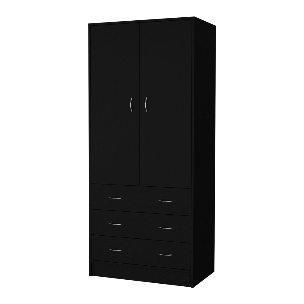 English Elm FM FURNITURE Prescott Armoire Black - Elegant 2-Door Closet with 3 Drawers, Hanging Rod, Durable Design B128S00062