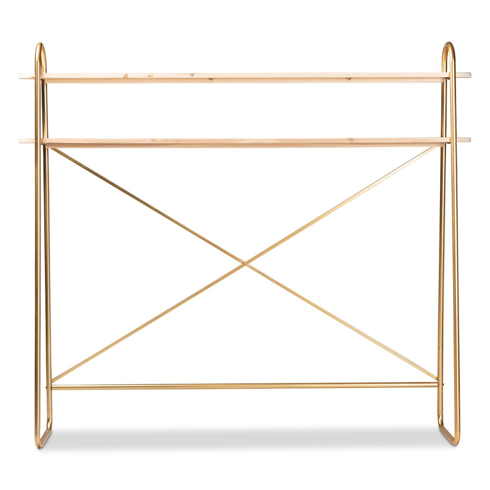 Baxton Studio Baxton Studio Merida Glam Over-Bed Shelf – Luxe Gold Metal & Natural Wood 2-Tier Storage Display Unit JY-0004-Natural/Gold-Queen Shelf