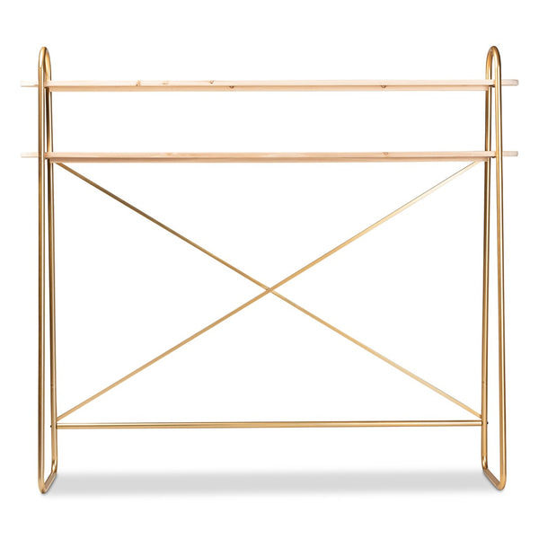 Baxton Studio Baxton Studio Merida Glam Over-Bed Shelf – Luxe Gold Metal & Natural Wood 2-Tier Storage Display Unit JY-0004-Natural/Gold-Queen Shelf