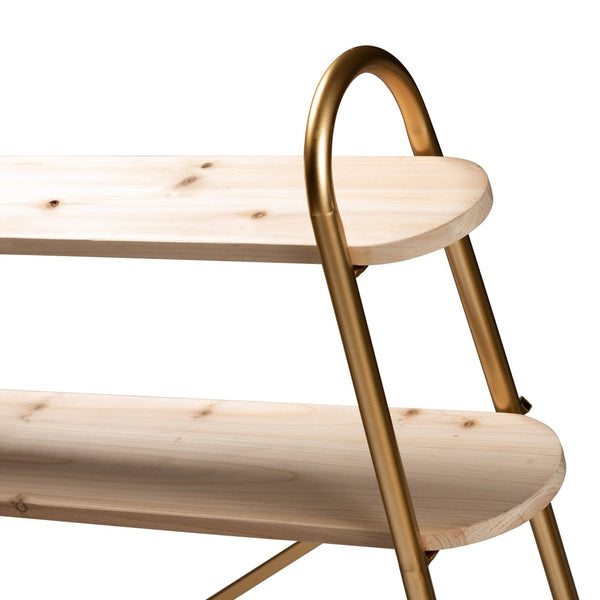 Baxton Studio Baxton Studio Merida Glam Over-Bed Shelf – Luxe Gold Metal & Natural Wood 2-Tier Storage Display Unit JY-0004-Natural/Gold-Queen Shelf