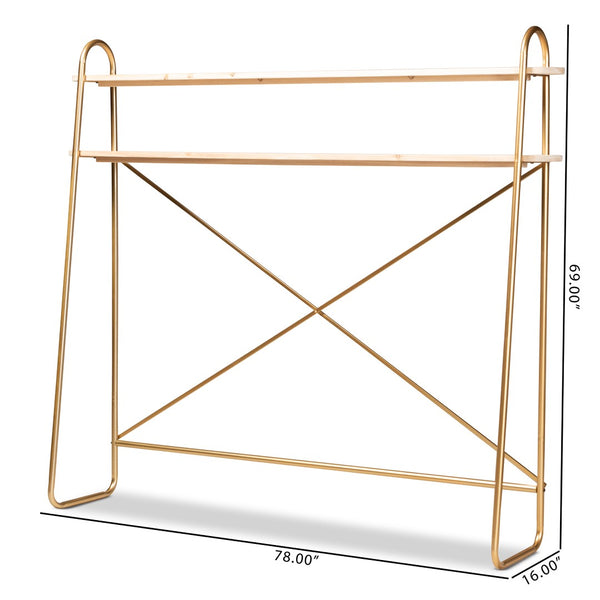 Baxton Studio Baxton Studio Merida Glam Over-Bed Shelf – Luxe Gold Metal & Natural Wood 2-Tier Storage Display Unit JY-0004-Natural/Gold-Queen Shelf