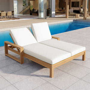 English Elm Trexm Outdoor Acacia Wood Double Chaise Lounge with Adjustable Backrests and Cushions Light Teak TM000031AAD