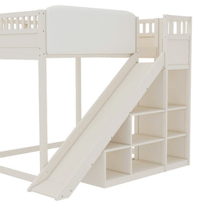 English Elm Full Size Kids Loft Bed Pine Frame Upholstered Headboard Built in Slide and Storage Shelves Beige W1580S00305