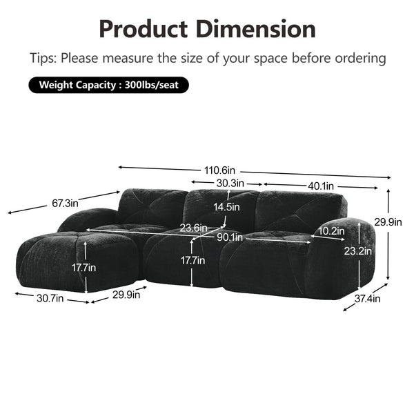 English Elm L-shaped Velvet Sectional Sofa Tufted Modular Seating with Ottoman for Living Room Black W714S01627
