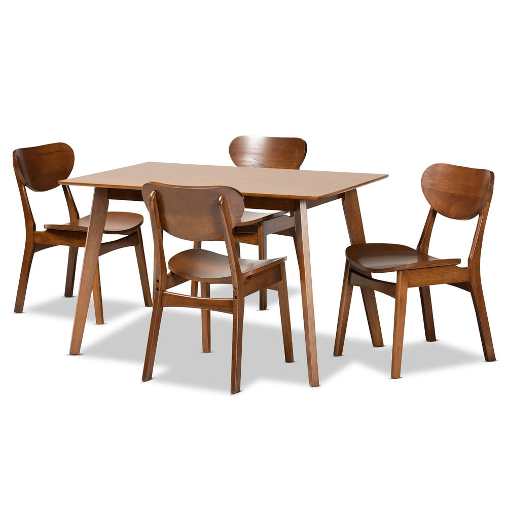 Baxton Studio Baxton Katya Mid-Century Modern 5-Piece Dining Set - Walnut Brown Wood Table & Chairs for Comfort RH378C-Walnut-5PC Dining Set