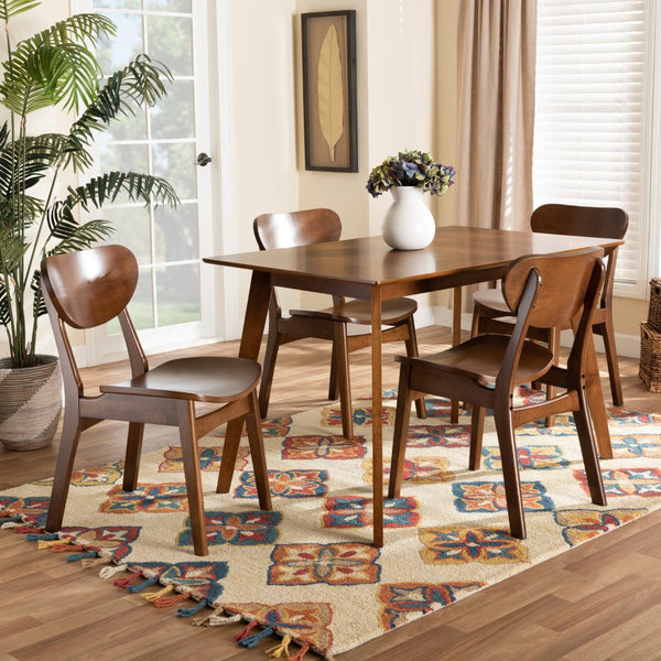 Baxton Studio Baxton Katya Mid-Century Modern 5-Piece Dining Set - Walnut Brown Wood Table & Chairs for Comfort RH378C-Walnut-5PC Dining Set