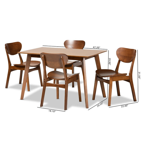 Baxton Studio Baxton Katya Mid-Century Modern 5-Piece Dining Set - Walnut Brown Wood Table & Chairs for Comfort RH378C-Walnut-5PC Dining Set