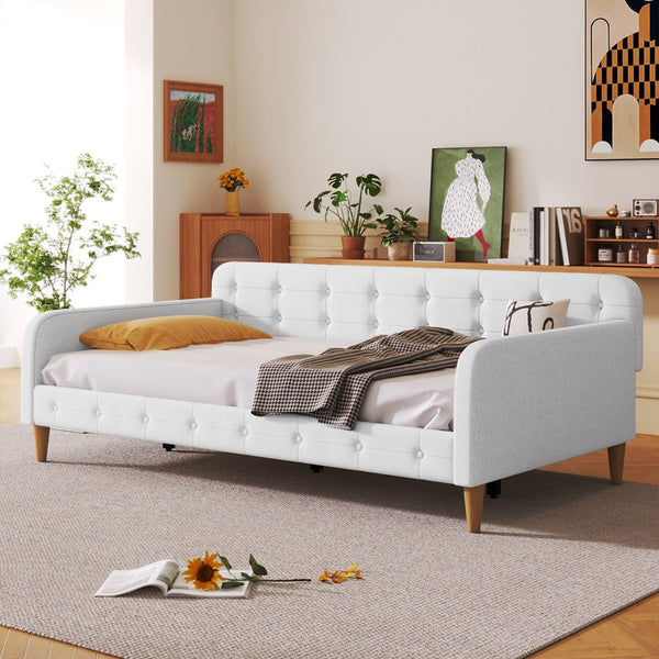 English Elm Twin Upholstered Daybed with Pine Frame and Linen Fabric, Button-Tufted High Sideboard, 79" L Beige N709P266225K