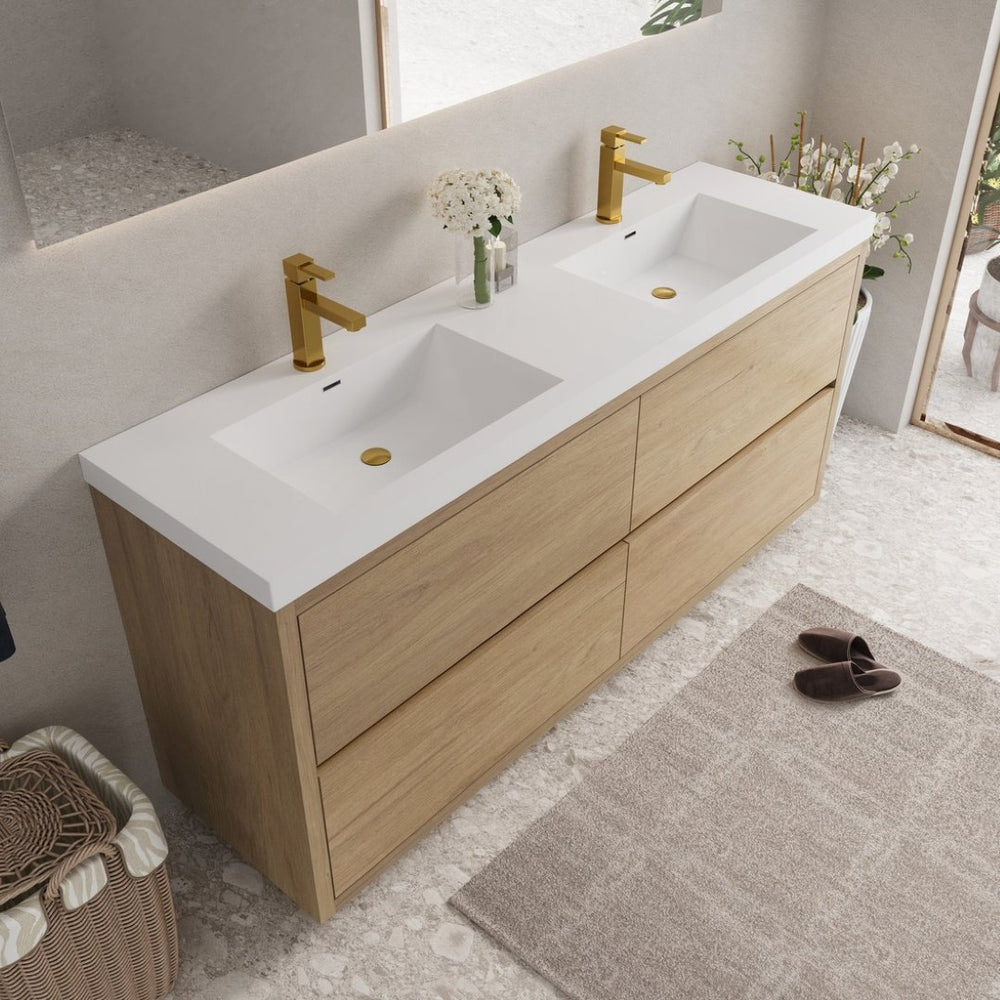 English Elm 72" Floating Double Sink Vanity Glossy White Stone Resin Top Soft Close Storage W1573P211193