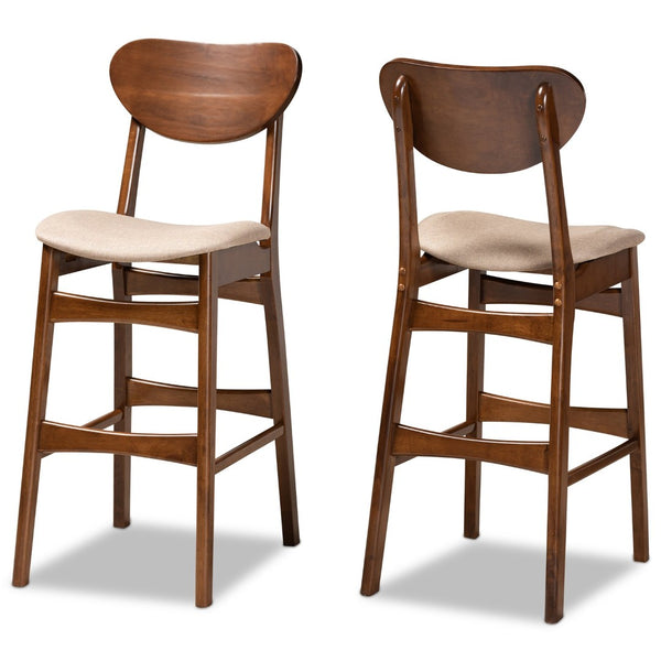 Baxton Studio Baxton Studio Katya Mid-Century Bar Stool Set – Stylish Walnut Finish with Comfortable Fabric Upholstery RH378BP-Sand/Walnut Bent Seat-BS-2PK