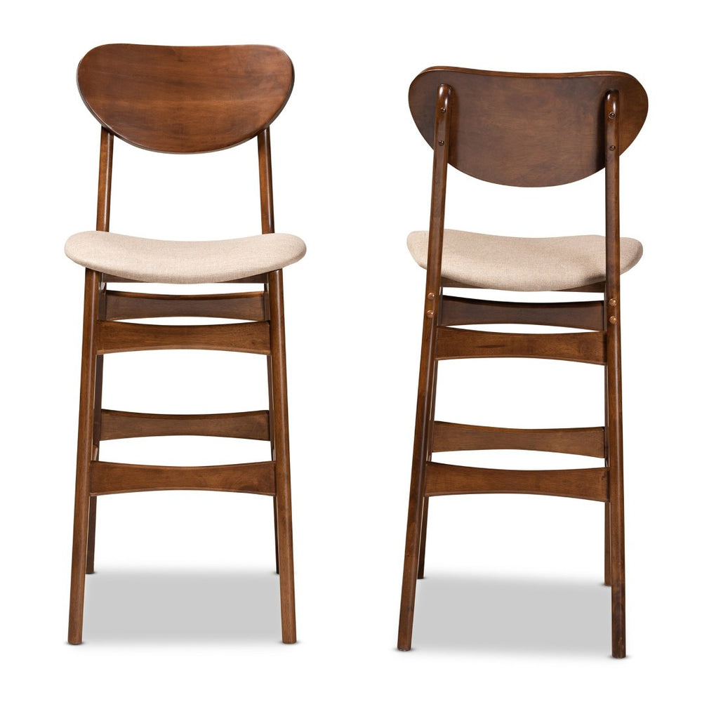 Baxton Studio Baxton Studio Katya Mid-Century Bar Stool Set – Stylish Walnut Finish with Comfortable Fabric Upholstery RH378BP-Sand/Walnut Bent Seat-BS-2PK