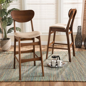 Baxton Studio Baxton Studio Katya Mid-Century Bar Stool Set – Stylish Walnut Finish with Comfortable Fabric Upholstery RH378BP-Sand/Walnut Bent Seat-BS-2PK