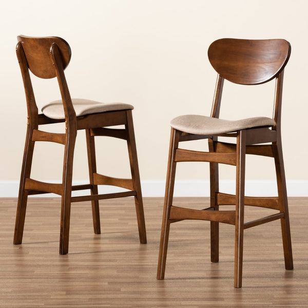 Baxton Studio Baxton Studio Katya Mid-Century Bar Stool Set – Stylish Walnut Finish with Comfortable Fabric Upholstery RH378BP-Sand/Walnut Bent Seat-BS-2PK