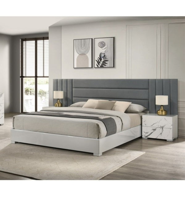 English Elm White/gray Lacquer Two Drawer Nightstand Marble Laminate Gloss Bedside Storage B011P496277