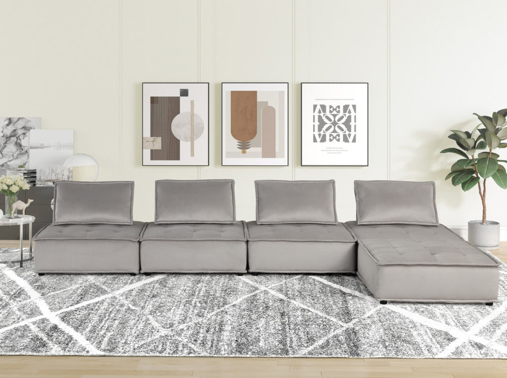 English Elm Aveline Modular Velvet Sectional Sofa with Tufted Cushions and Ottoman Versatility Light Gray B2749S00033