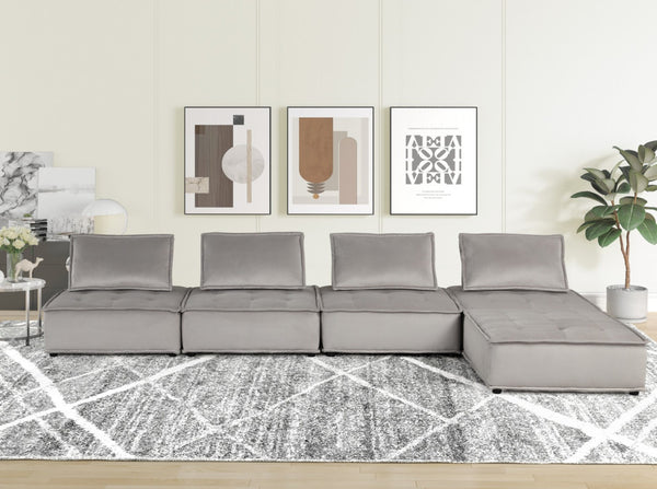 English Elm Aveline Tufted Velvet Modular Sectional with Ottoman Five Piece Living Room Sofa Set Light Gray B2749S00036
