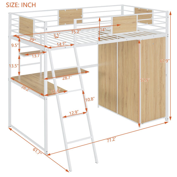 English Elm Twin Loft Bed with L-Shaped Desk and Wardrobe — Space-Saving Iron & Wood Design for Study & Storage White SF000168AAK