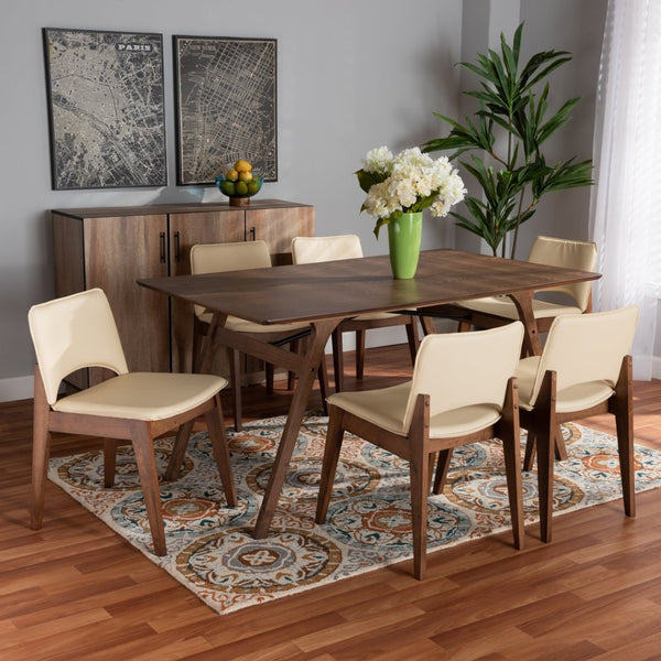 Baxton Studio Baxton Studio Afton Mid-Century Modern 7-Piece Dining Set with Elegant Walnut Finish and Comfort Beige RDC827-Beige/Walnut-7PC Dining Set