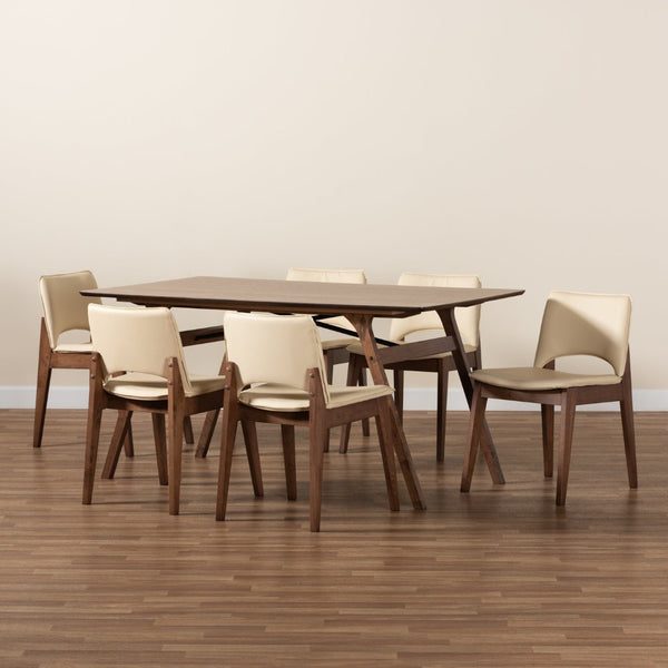 Baxton Studio Baxton Studio Afton Mid-Century Modern 7-Piece Dining Set with Elegant Walnut Finish and Comfort Beige RDC827-Beige/Walnut-7PC Dining Set