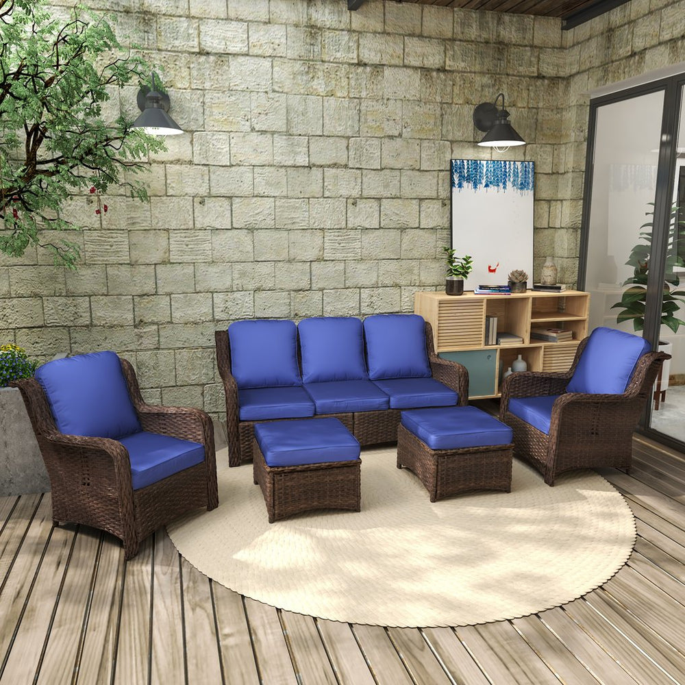 English Elm Patio Rattan Outdoor Sectional Set with 3-Seat Sofa, 2 Chairs & 2 Ottomans Cushioned Comfort Brown Grey,Peacock Blue W1710S00257