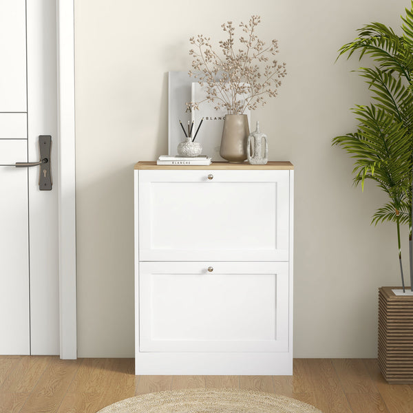English Elm HOMCOM Slim Shoe Cabinet for Entryway with 2 Flip Drawers, Adjustable Shelves, Oak Top, Anti-Tip Stability White W2225P249597