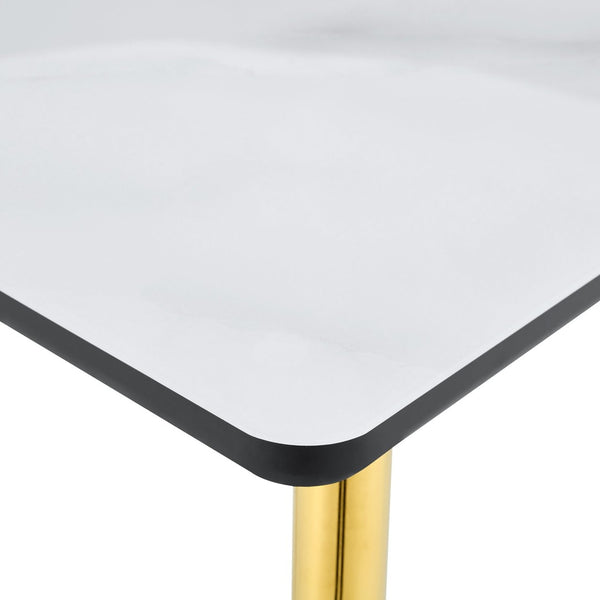 English Elm Modern Marble Look Glass Top Dining Table with Gold Tapered Legs Seats Six W1151S04619