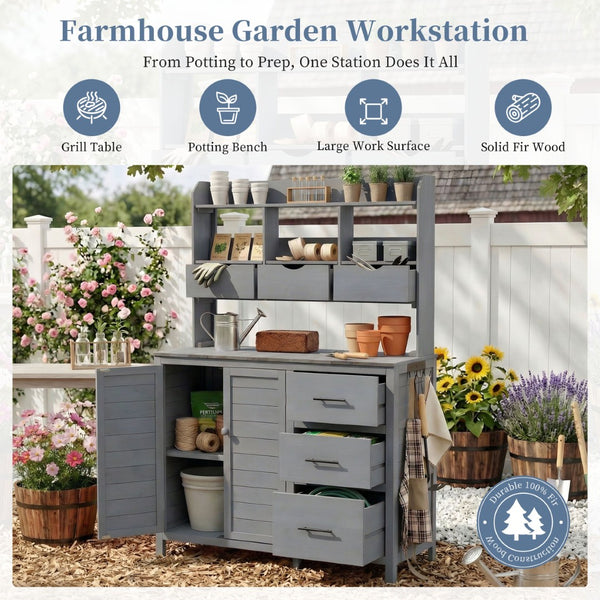 English Elm (with Hutch) Topamx Solid Fir Potting Bench Patio Workstation Spice Rack Drawer Gray N717P404331E
