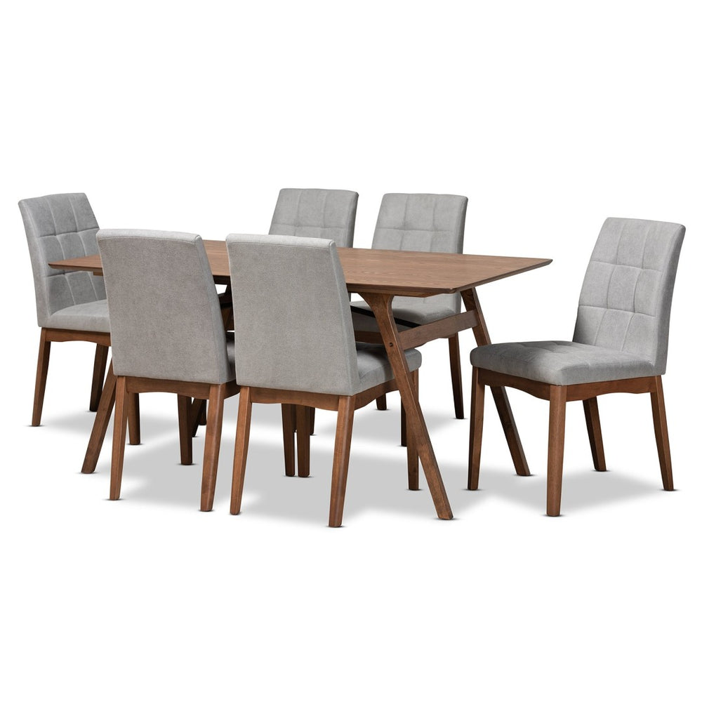 Baxton Studio Baxton Studio Tara 7-Piece Dining Set with Light Grey Tufted Chairs & Walnut Brown Table for Modern Homes RDC714-Light Grey/Walnut-7PC Dining Set