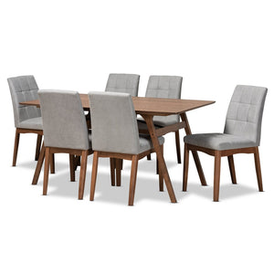 Baxton Studio Baxton Studio Tara 7-Piece Dining Set with Light Grey Tufted Chairs & Walnut Brown Table for Modern Homes RDC714-Light Grey/Walnut-7PC Dining Set