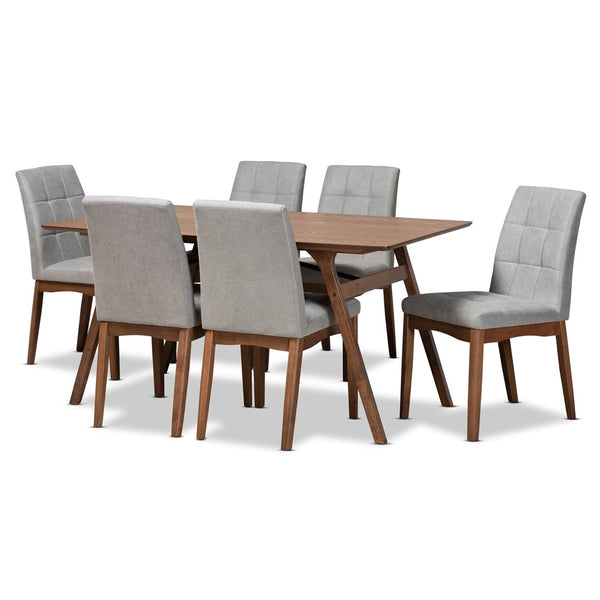 Baxton Studio Baxton Studio Tara 7-Piece Dining Set with Light Grey Tufted Chairs & Walnut Brown Table for Modern Homes RDC714-Light Grey/Walnut-7PC Dining Set