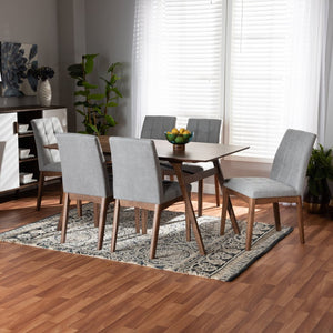 Baxton Studio Baxton Studio Tara 7-Piece Dining Set with Light Grey Tufted Chairs & Walnut Brown Table for Modern Homes RDC714-Light Grey/Walnut-7PC Dining Set
