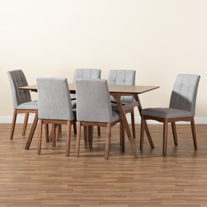 Baxton Studio Baxton Studio Tara 7-Piece Dining Set with Light Grey Tufted Chairs & Walnut Brown Table for Modern Homes RDC714-Light Grey/Walnut-7PC Dining Set