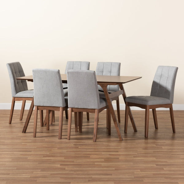 Baxton Studio Baxton Studio Tara 7-Piece Dining Set with Light Grey Tufted Chairs & Walnut Brown Table for Modern Homes RDC714-Light Grey/Walnut-7PC Dining Set
