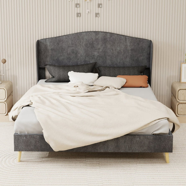 English Elm Velvet Tufted Queen Platform Bed Diamond Headboard for Elegant Master Bedroom Grey W1935P361019